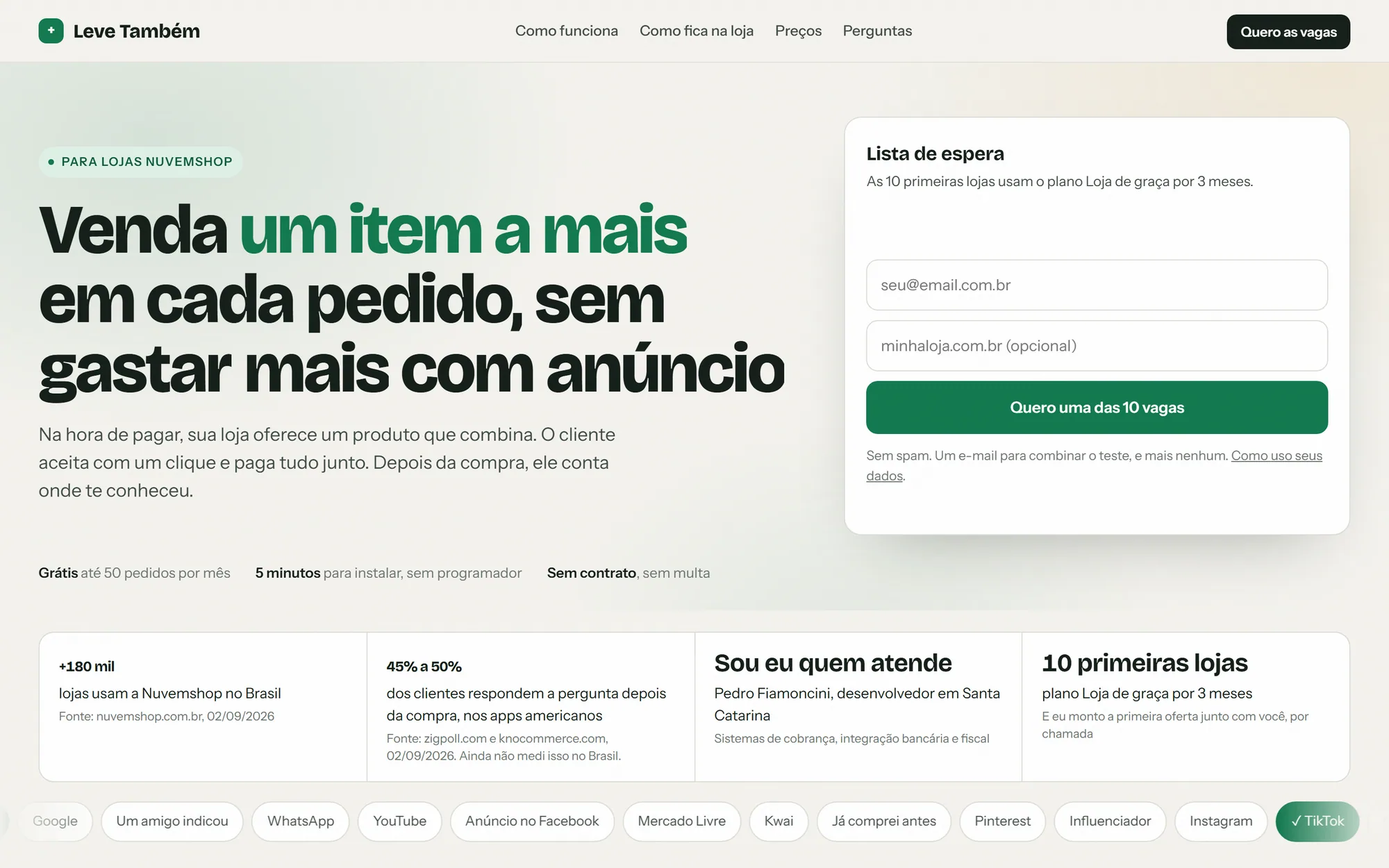 Página do Leve Também: o título Venda um item a mais em cada pedido, sem gastar mais com anúncio, e o formulário da lista de espera ao lado.