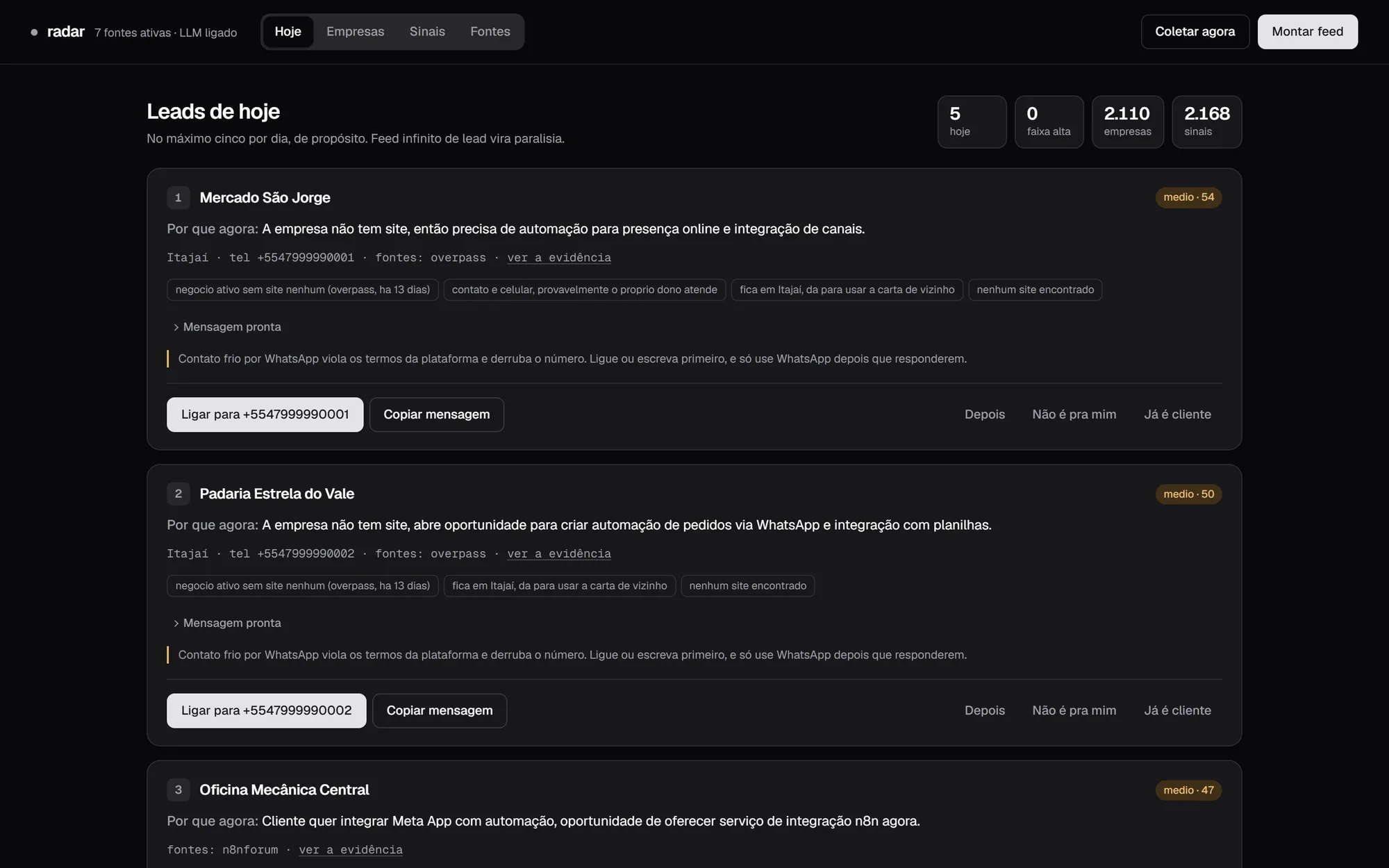 Feed do Radar com os leads do dia: nome da empresa, o motivo de contatar agora, os sinais encontrados e os botões de ligar e copiar a mensagem. Os nomes e telefones da captura são fictícios.