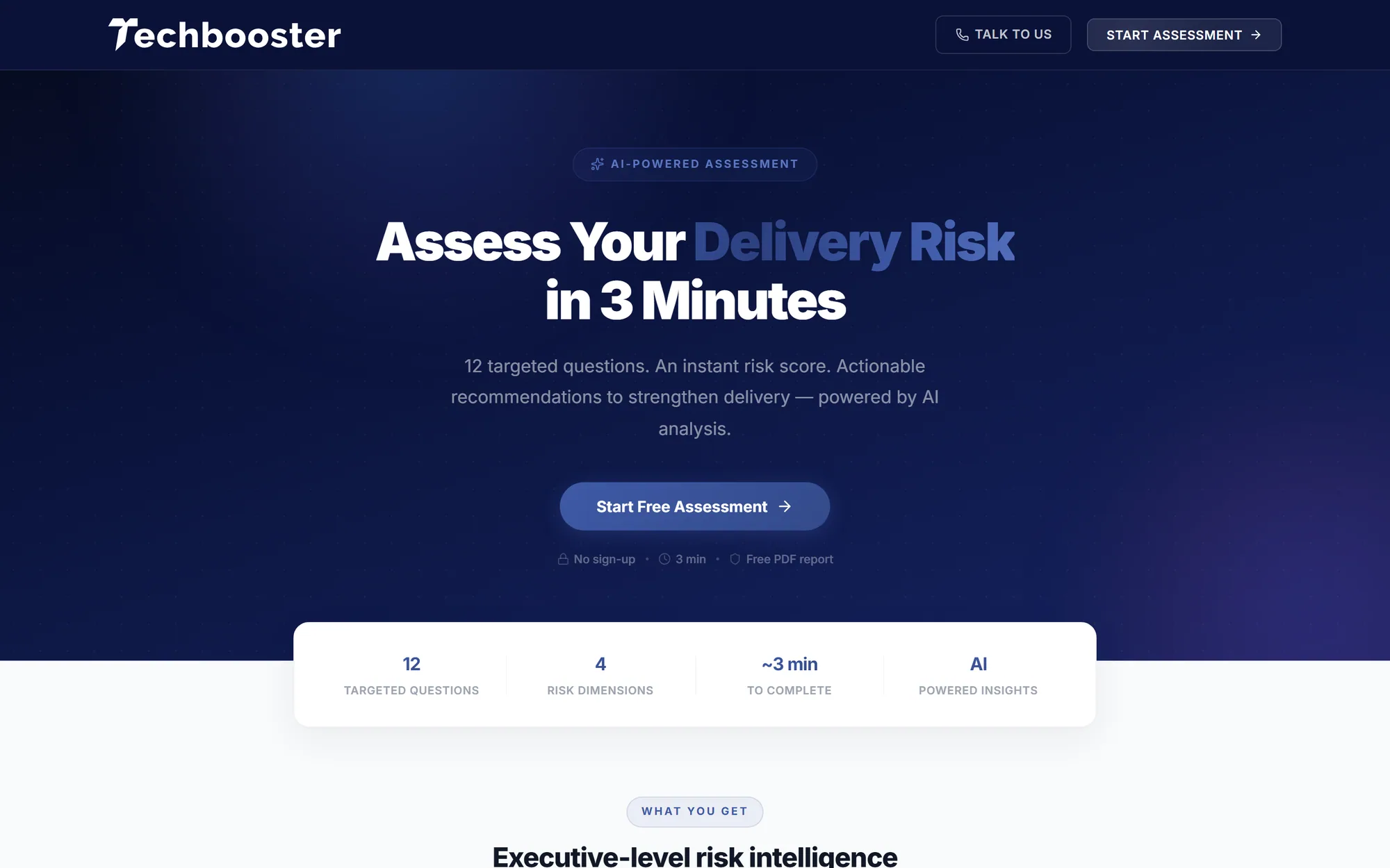 Página inicial do Delivery Risk Score, com a chamada Assess Your Delivery Risk in 3 Minutes e os números da avaliação.